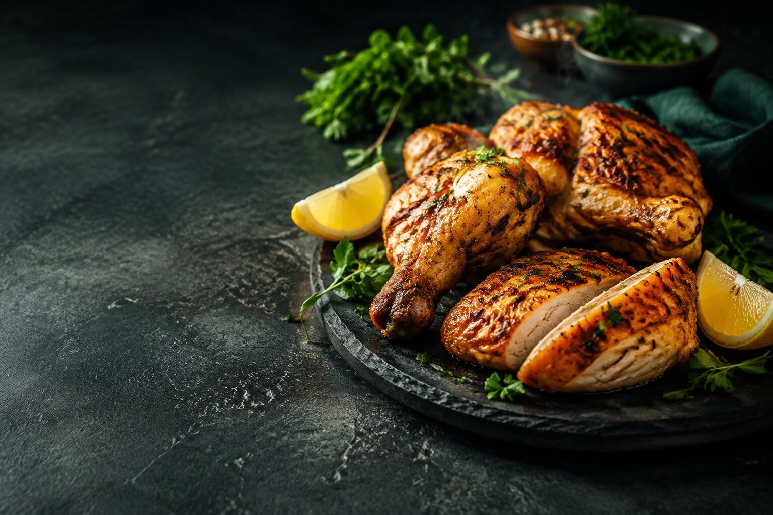 Premium gegrilde kipdelen met kruiden en citroen op donkere steen